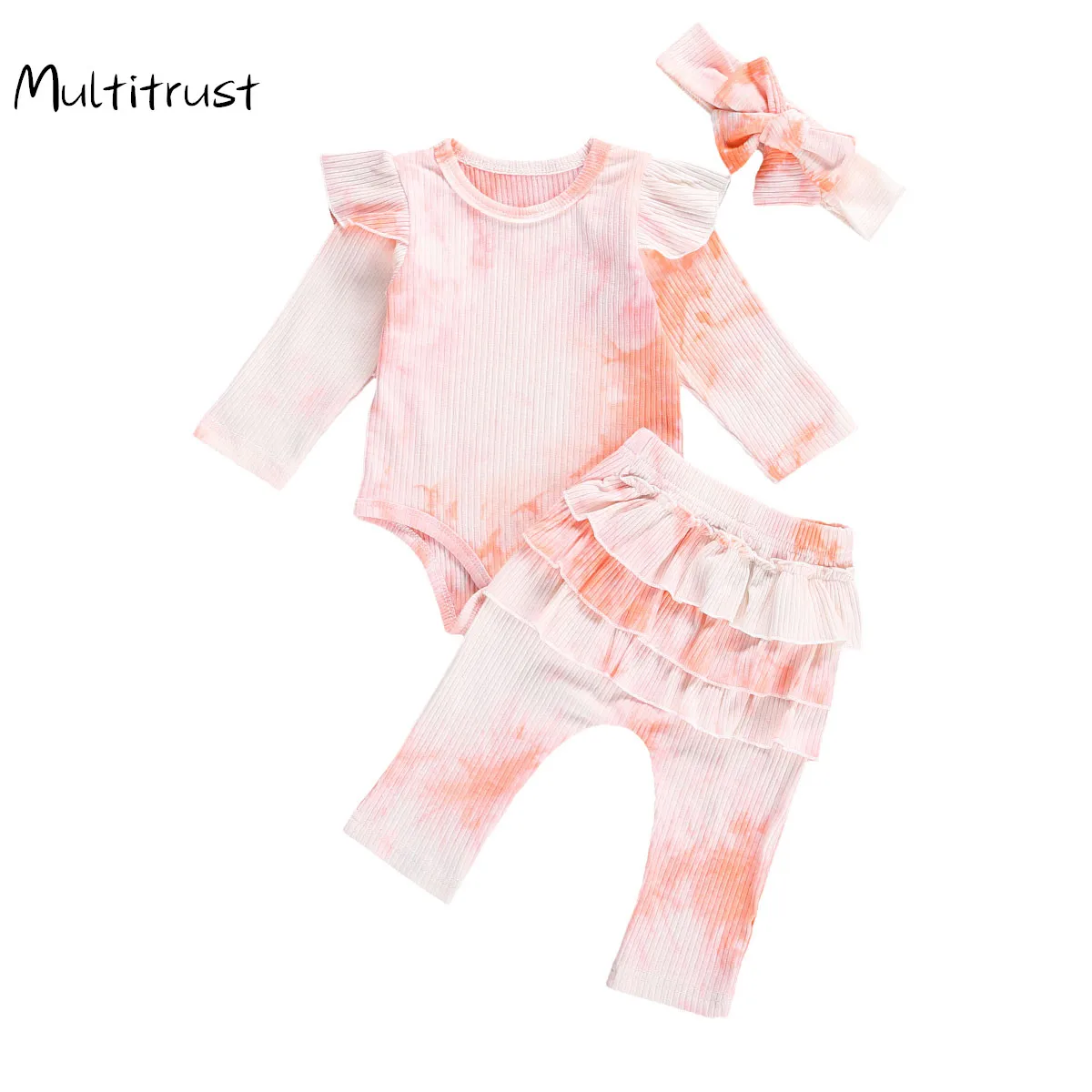 

Newborn Baby Boys Girls Clothes Tie Dye Print Long Sleeve Bodysuit+Layered Long Pants +Headband 3pcs Outfits Sets