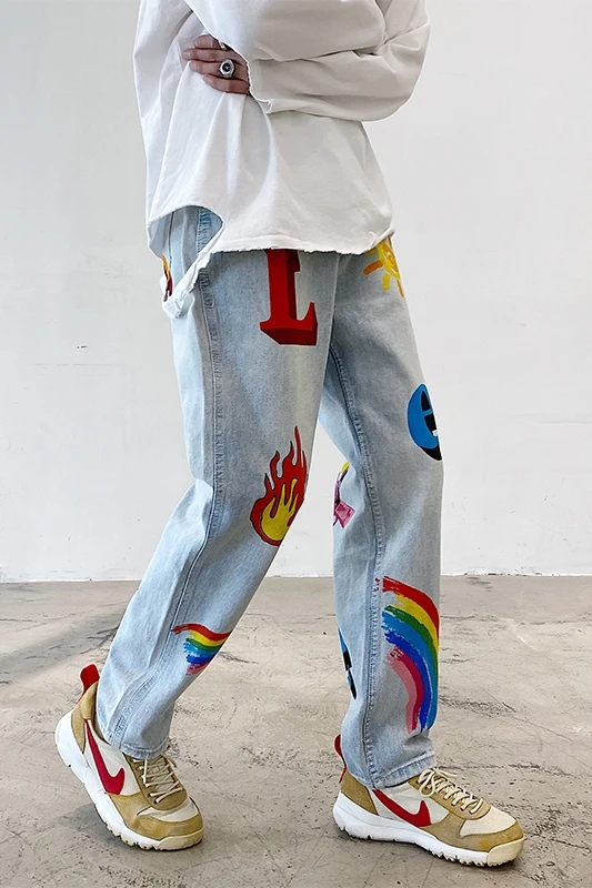 

Women Jeans Denim Pants Men Autumn Winter Graffiti Print Loose Oversize Straight Pants Hip Hop Streetwear Femme Male Trousers