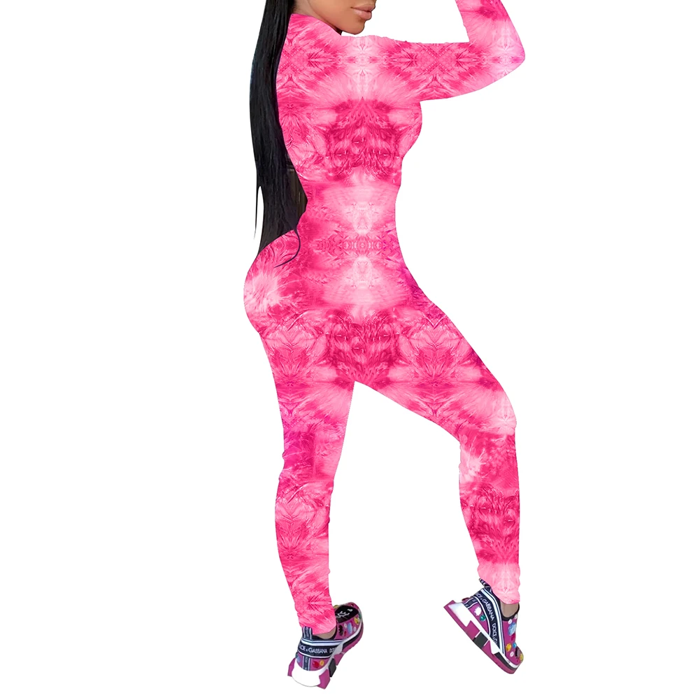 

2021 Casual Sporty Wear Print Rompers Womens Jumpsuit Long Sleeve Party Clubwear Zipper V-neck Bodycon Jumpsuits