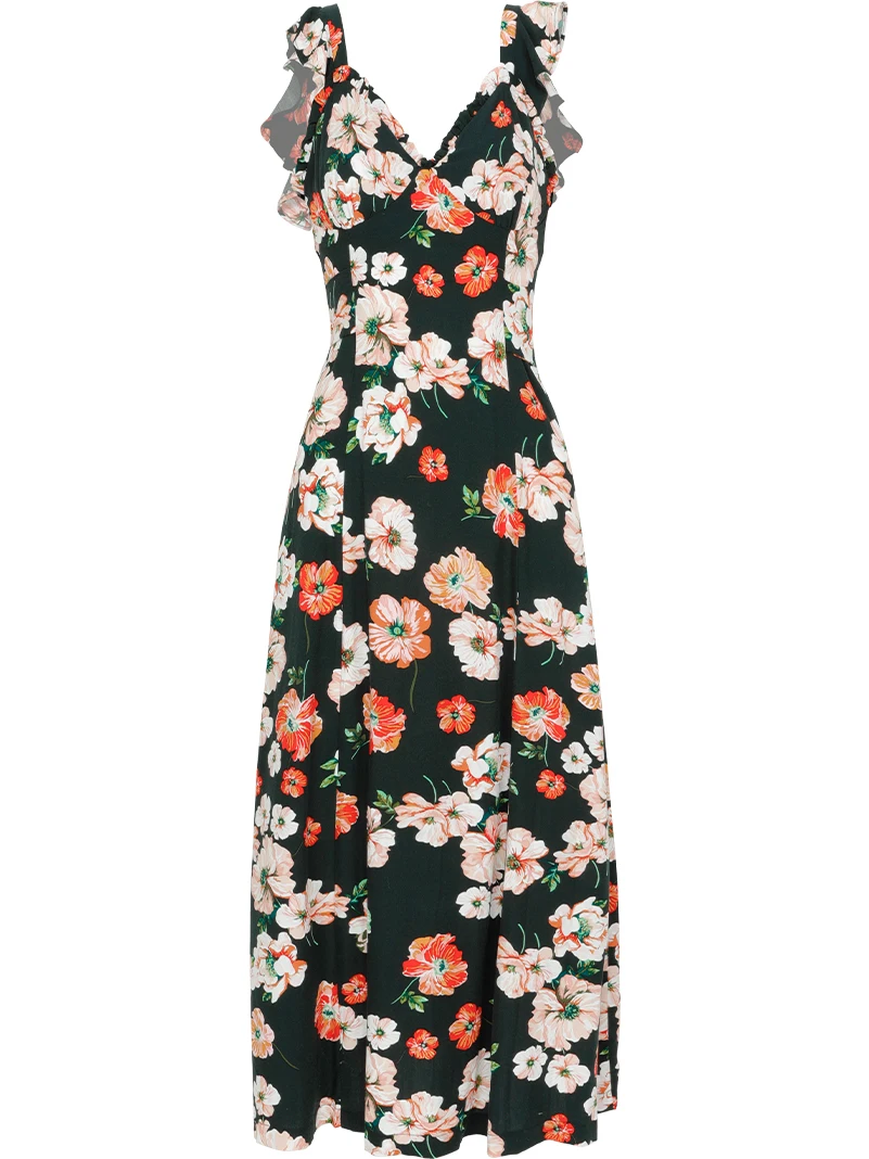 

Retro Sexy V-neck Holiday Black Print Waist Dress Long Skirt Female Spring and Summer