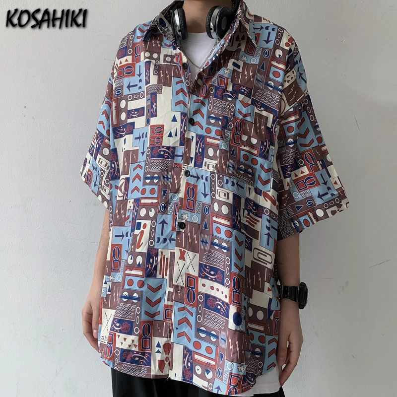 

KOSAHIKI мужские и женские уличные Стиль с коротким рукавом рубашка Harajuku с принтом кнопка Свободная Женская кофточка 2021 летние Y2K женские топы