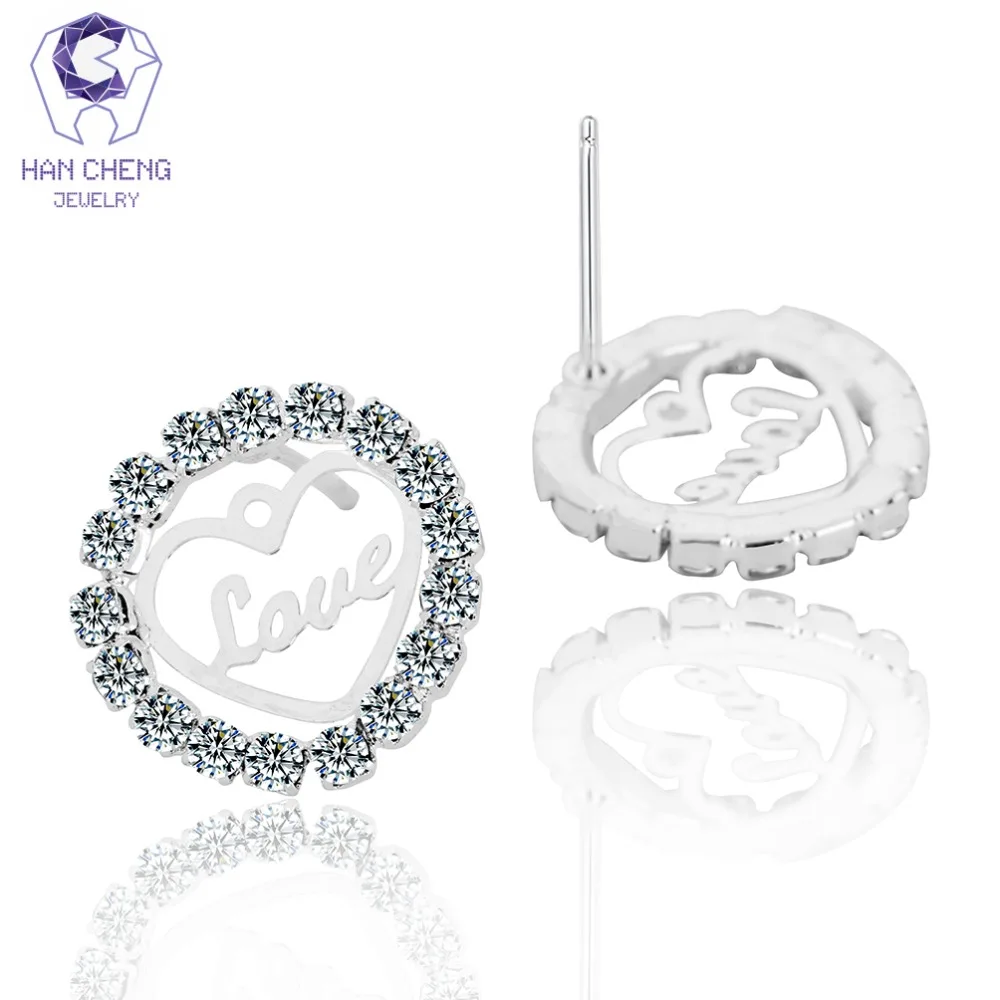 HanCheng New Fashion Love Circle Heart Silver Plated Nail Gem Stone Rhinestone Stud Earrings For Women Jewelry brincos bijoux | Украшения и