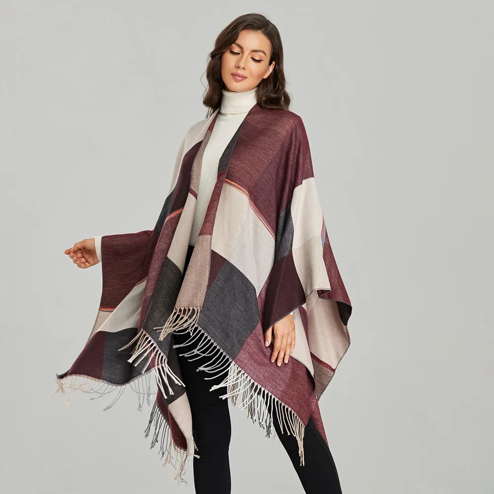 New women's scarf shawl retro jacquard split thick warm shawl cloak