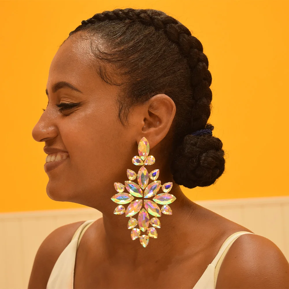 

Big size Top shiny glass strass Wedding Bridal Drop Fashion Earrings For Women Dangle Party Crystal AB competition Jewelry