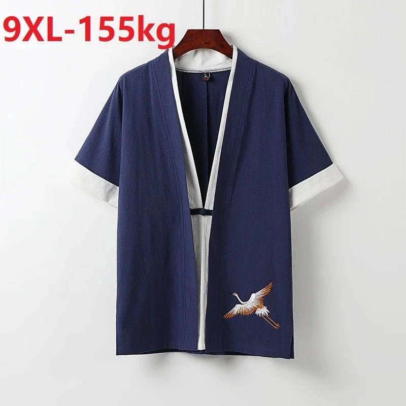 

Summer men japanese style shirts home wear Short Sleeve linen cotton embroidery crane Comfortable plus size 8XL 9XL 68 70 shirtS