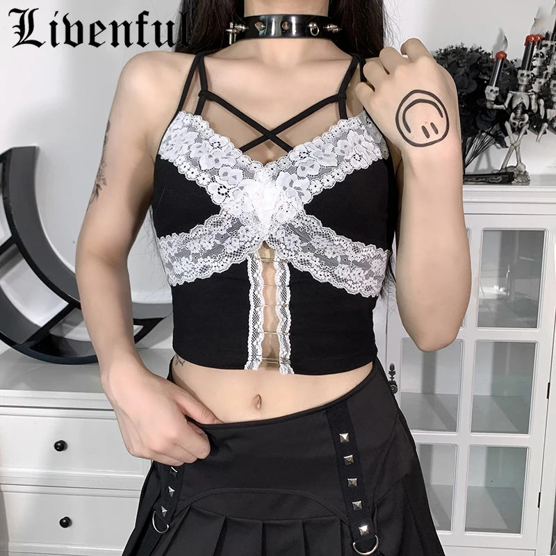 

Goth Spaghetti Strap Bodycon Lace Tanks Crop Tops Jacquard Embroidered Emo E-girl Punk Harajuku Vintage Sexy Goth Clothes