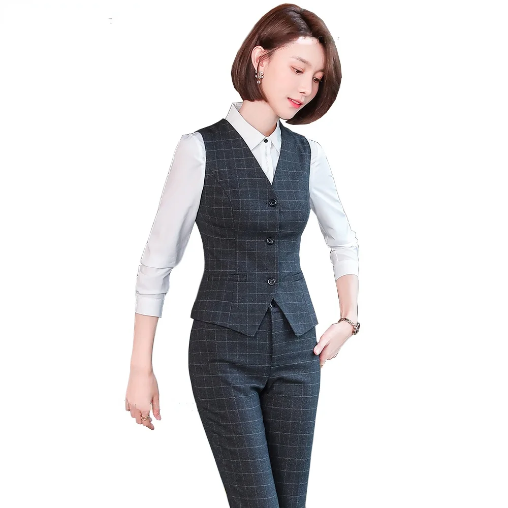 

Women Slim S-4XL Pant Suit Sleeveless Gray Blue Plaid Vest Blazer and Trousers Two Pieces Set for Office Ladies Work Wear