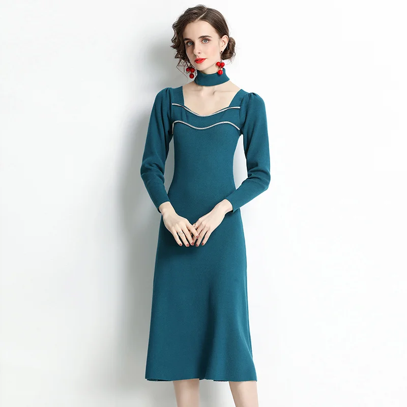 

Sweater Fashion Long Sleeve Dress Woman Slim Round Neck Knitted Dress Square Collar Office Lady Mid-Calf Princess Sleeves Dress
