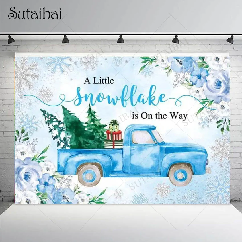 

Blue Winter Baby Shower Party Backdrop Flowers Truck Baby Birthday Event Decorations Banner Photo Booth Supplies Props