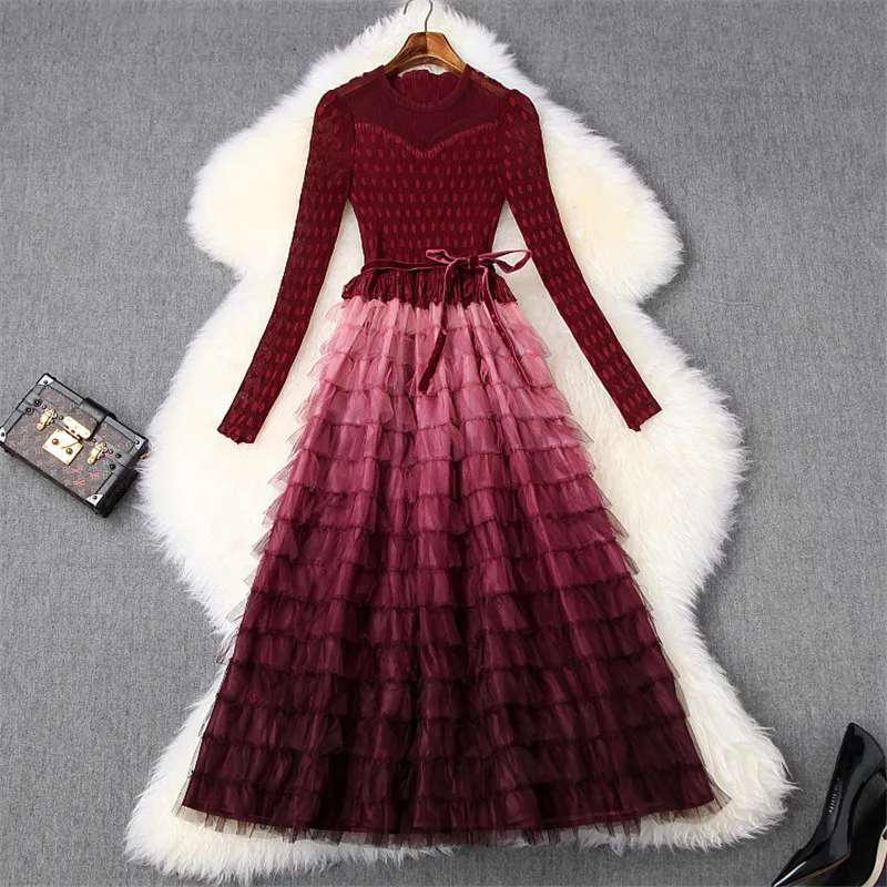 

Women Fashion Designers Elegant New 2020 Spring Dress Long Sleeve Ruffle Cascading Gradient Color Mid Calf Christmas Party Dress
