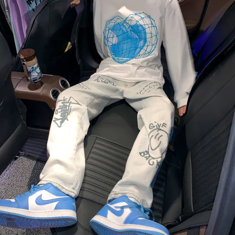 2021 Men's Baggy Homme Cargo Pocket Classic Jeans Black/blue Color Loose Printing Casual Pants Biker Denim Trousers Size M-2XL