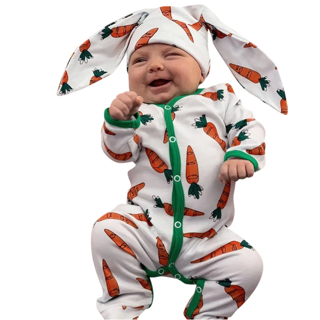 Infant clothes baby Boy Girl Cartoon Carrot Print Romper Jumpsuit+Rrabbit Ears Hat Set outfit baby clothes autumn winter Overall