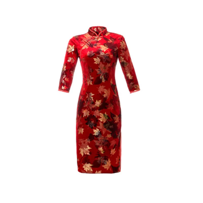 

Chinese Traditional Dress Cheongsam Qipao Women Party Wedding Autumn And Winter Fashion Vintage Gold Sleeve Velvet Cheongsam