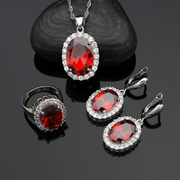 925 sterling silver wedding jewelry sets red cubic zirconia white crystal earrings ring pendant necklace set for women