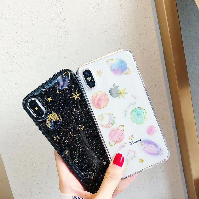 

Signalshin For iPhone 12 Mini 11 XS XR Pro Max 8 7 6s Plus SE Glitter Soft Glossy TPU Cover Starry Stardust Sky Golden Powder
