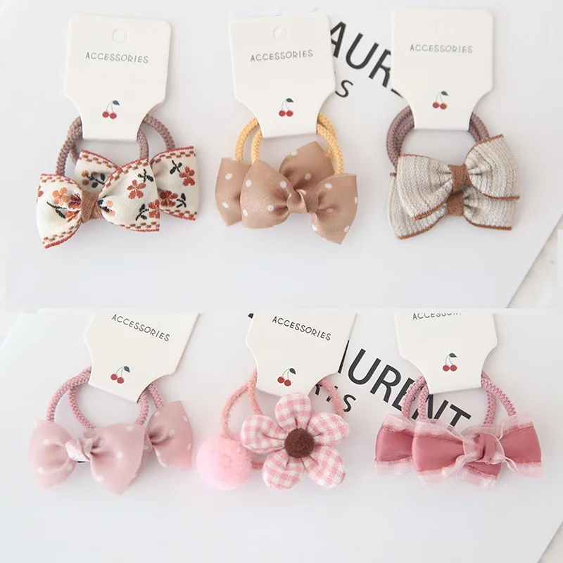 

2pcs Small Brown Bow Butterfly Elastic Hair Band Dot Solid Striped Plaid Rubber Circle For Girl Ponytail Holder Hair Accessories