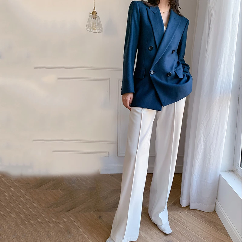 

[EAM] Women Blue Dboule Breasted Big Size Blazer New Lapel Long Sleeve Loose Fit Jacket Fashion Spring Autumn 2021 1DD0425