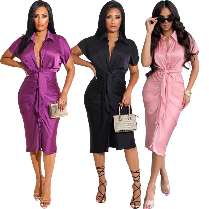 

Летнее женское платье-рубашка, новинка, модное однотонное платье с коротким рукавом и отложным воротником, бандаж на пуговицах, платье до се...