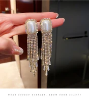 2022 new peal rhinestone long tassel earrings korean geometry temperament exaggerated womens earrings jewelry ear accessories