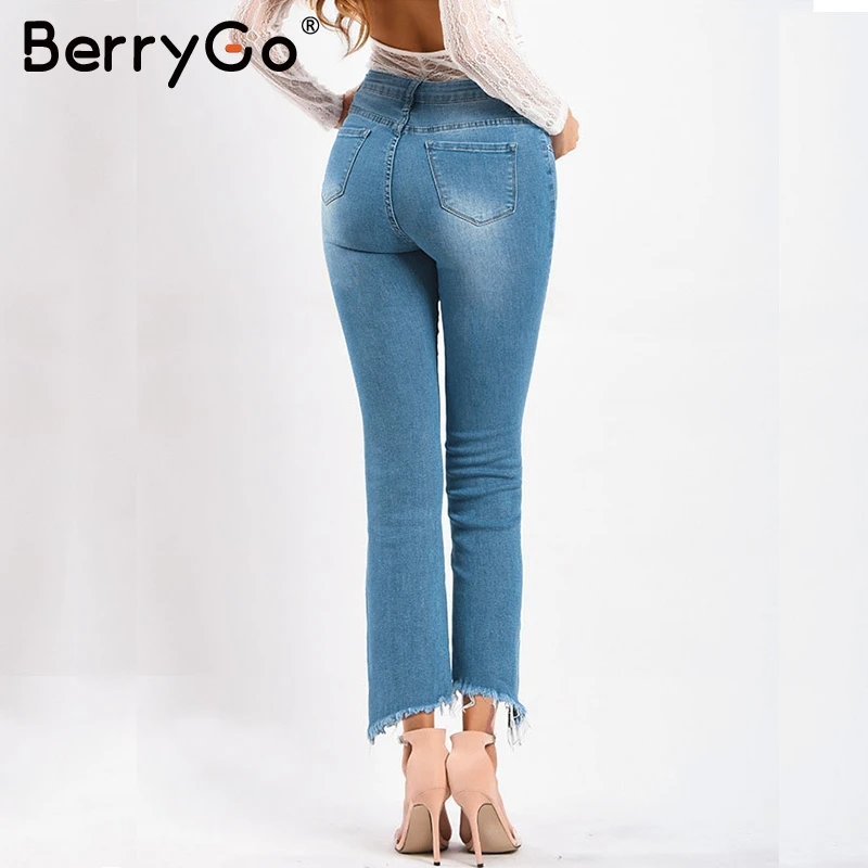 BerryGo, пуш-ап, женские джинсы размера плюс, средняя талия, с вышивкой, расклешенные, джинсовые штаны, пуговицы, карманы, раздельные, для офиса, женские брюки