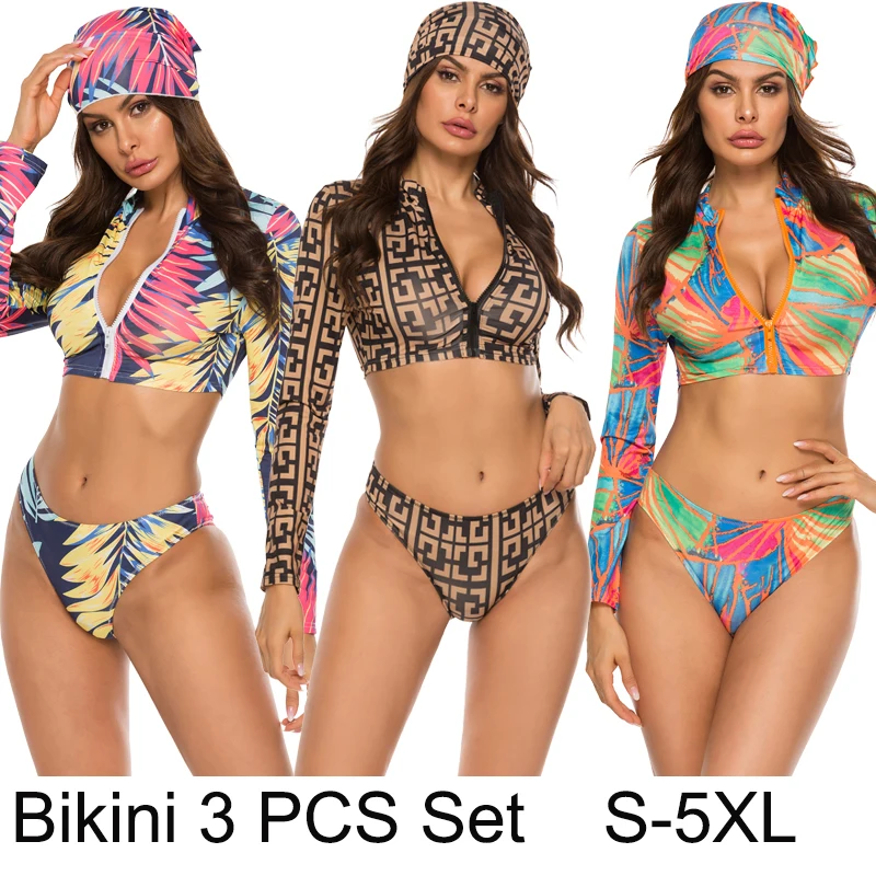 

New Women's Swimsuit Sexy Bikinis Female Bathing Push Up 3Sets Longsleeve Shorts Beach Wear Scarf Tankinis Biquini Trajes de bañ