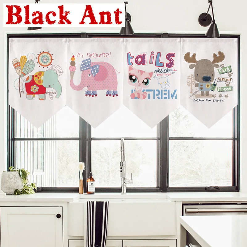 

Japanese Style Cartoon Triangles Kitchen Half Curtain Window Cotton Linen Short Skirt for Living Room Kids Room Decor