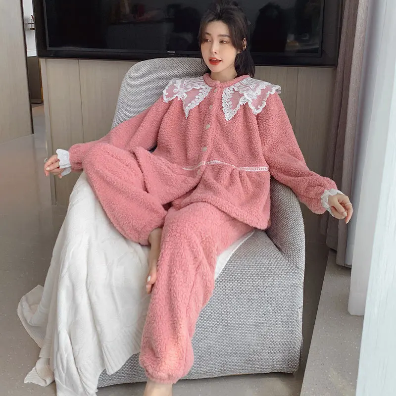 

Pink Coral Fleece Pajamas Set Women Winter 2PCS Sleepwear Lace Trim Shirt&Pants Flannel Pijamas Suit Casual Sleep Set Homewear