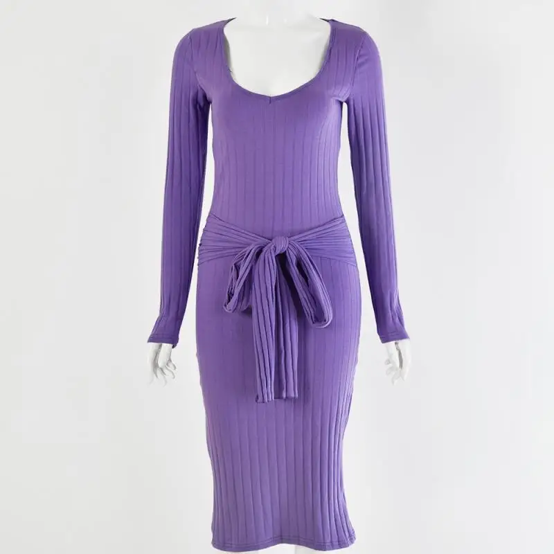 Женское облегающее платье миди с длинным рукавом и V образным вырезом|Женские