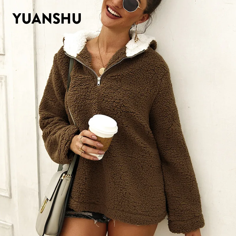 Повседневная пушистая Толстовка YUANSHU на молнии женские зимние теплые флисовые