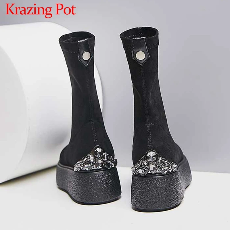 

Krazing Pot soft stretch flock boots crystal studded round toe high heels thick bottom platform winter women mid-calf boots L58