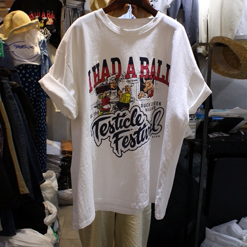 

Cartoons Anime Print Pattern Letter Short Sleeve Milk Fiber Mid-Length T-Shirt Women Summer Korean Harajuku Style Student Tops