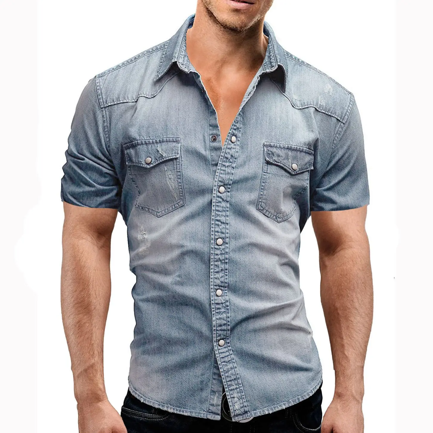 

Shirt Man Jeans Short-Sleeve Button-Up Casual Men's European And for American Large-Size