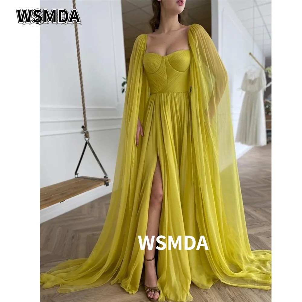 

2021 Elegant Citrine Yellow Silk Chiffon Prom Dresses with Long Cape A Line Sweetheart Pleats Side Slit Evening Gowns
