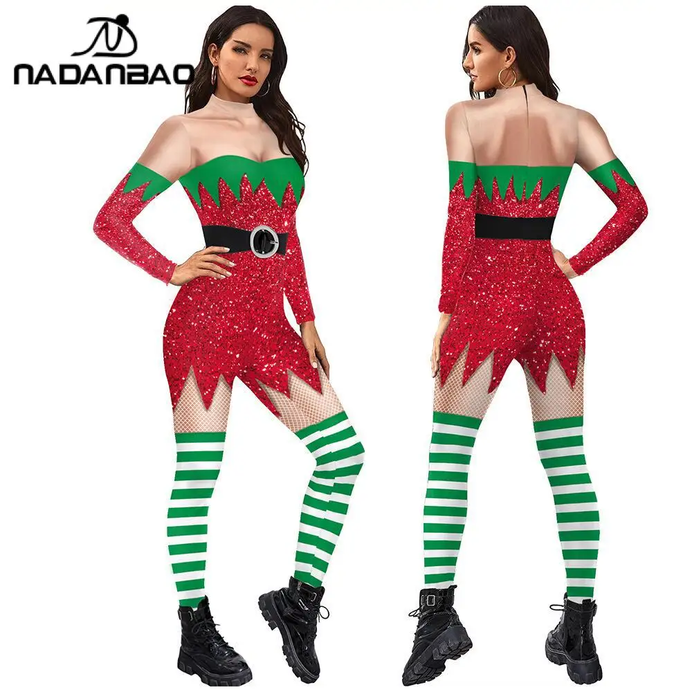 

NADANBAO Christmas Sexy 3D Digital Printed Rompers Women Skinny Xmas Tree Jumpsuits Fashion White Green Stripes Elastic Leggings