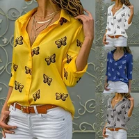 fashion womens butterfly print blouse shirt 2021 spring summer casual long sleeve v neck ladies buttons tops loose blouses