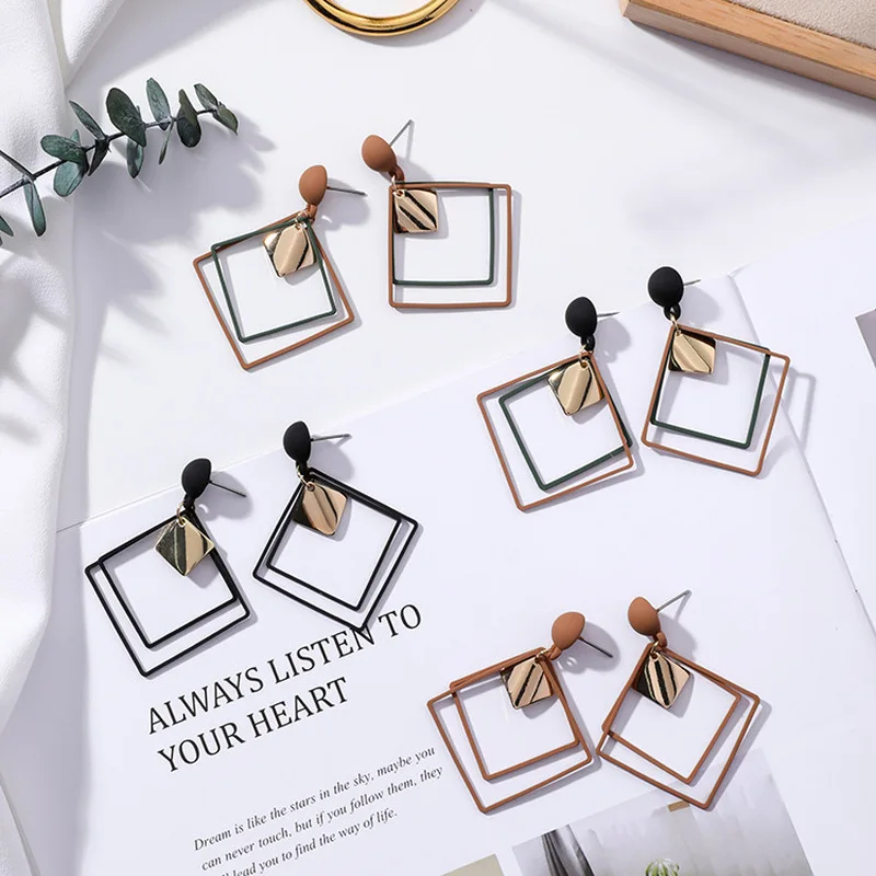 2018 корейские серьги для девушек увеличенные матовые квадратные двухслойные