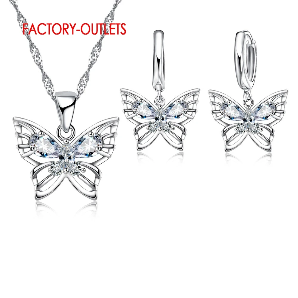 

Pretty Butterfly Design Fashion 925 Jewelry Set For Women Zircon Crystal Earrings+Necklace Wedding Sets