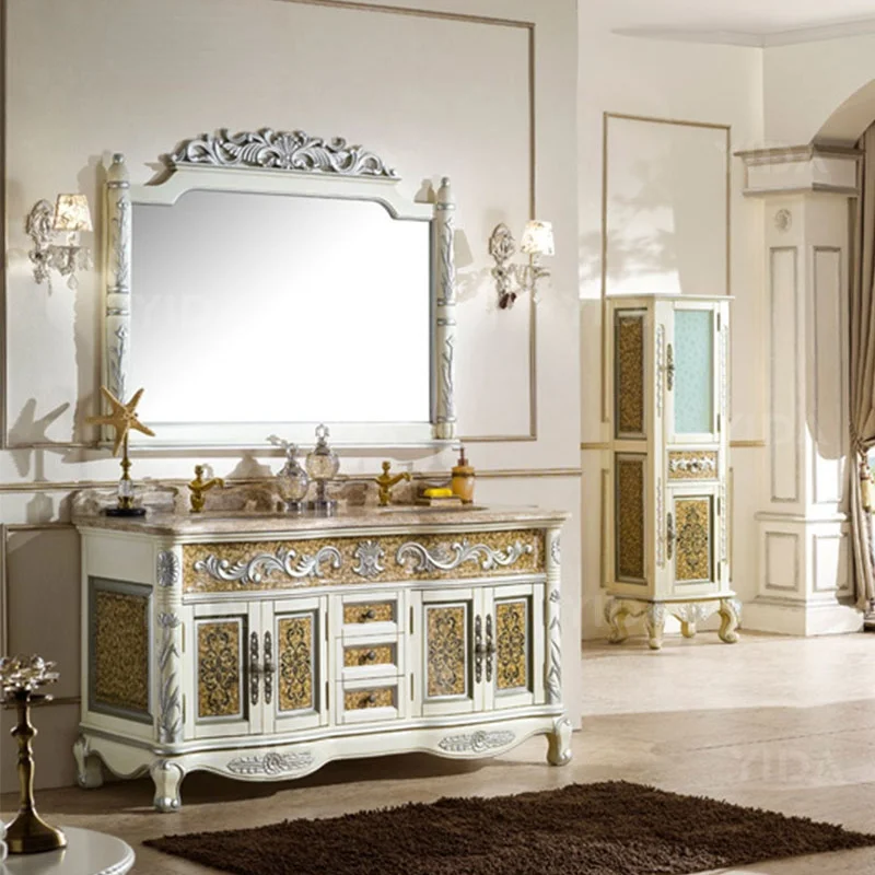 

Classic Sliver and golden printing double sink natural marble antique bathroom vanity Combo