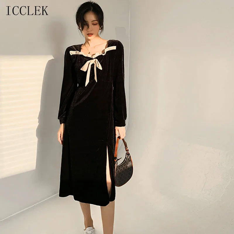 

Korean Fashion Bowknot Gold Velvet Dress Women'S 2021 Spring Autumn New French Vintage Square Collar Midi Dress Vestido De Mujer
