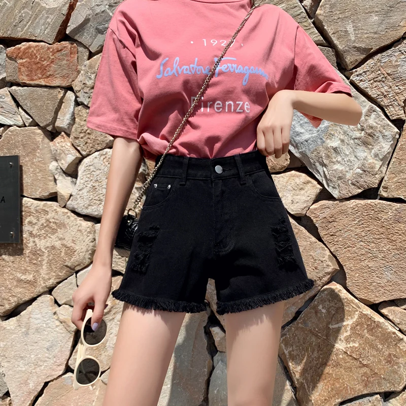 

2021 new summer denim shorts women's wide-legged loose holes and burrs tide ins were thin and high waist