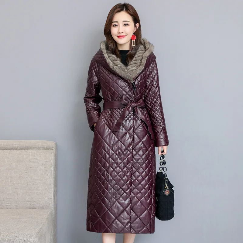 

Haining PU Leather Trench Coat Women's Long High Imitation Mink Fur Collar Sheep Leather Coat down Jacket Fur Clothing