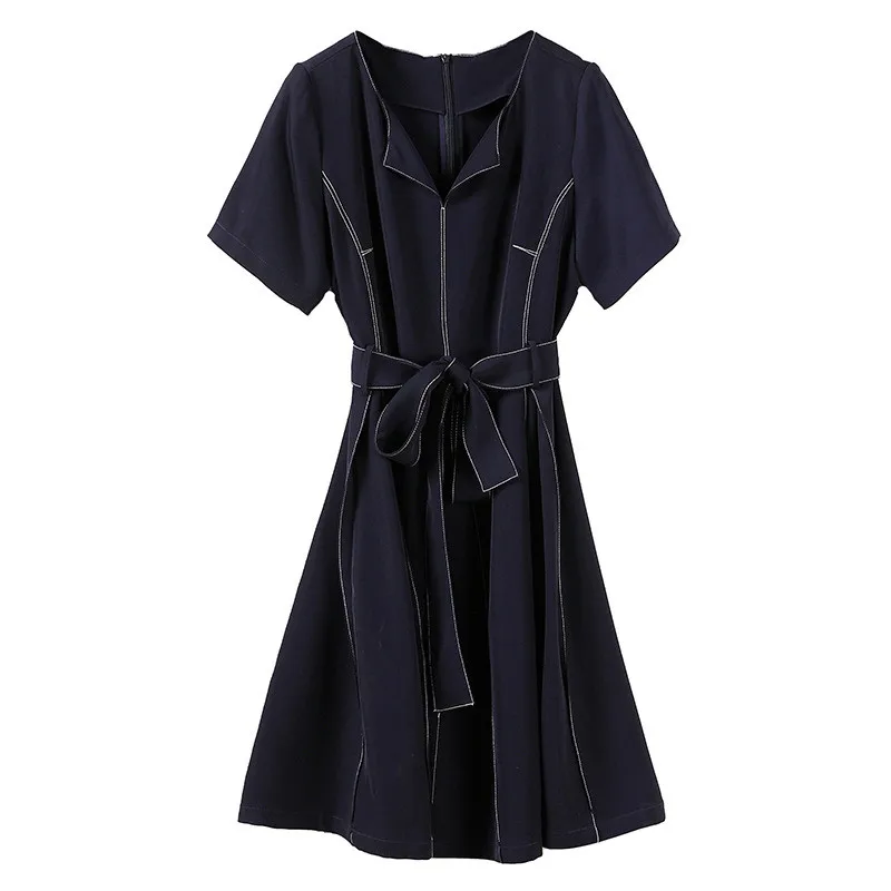 

Dresses for Women 2021 Summer Short Sleeve Blue Midi V-Neck Sashes Elegant Fashion Dresses Casual Woman Outfits Korte Mouw Jurk