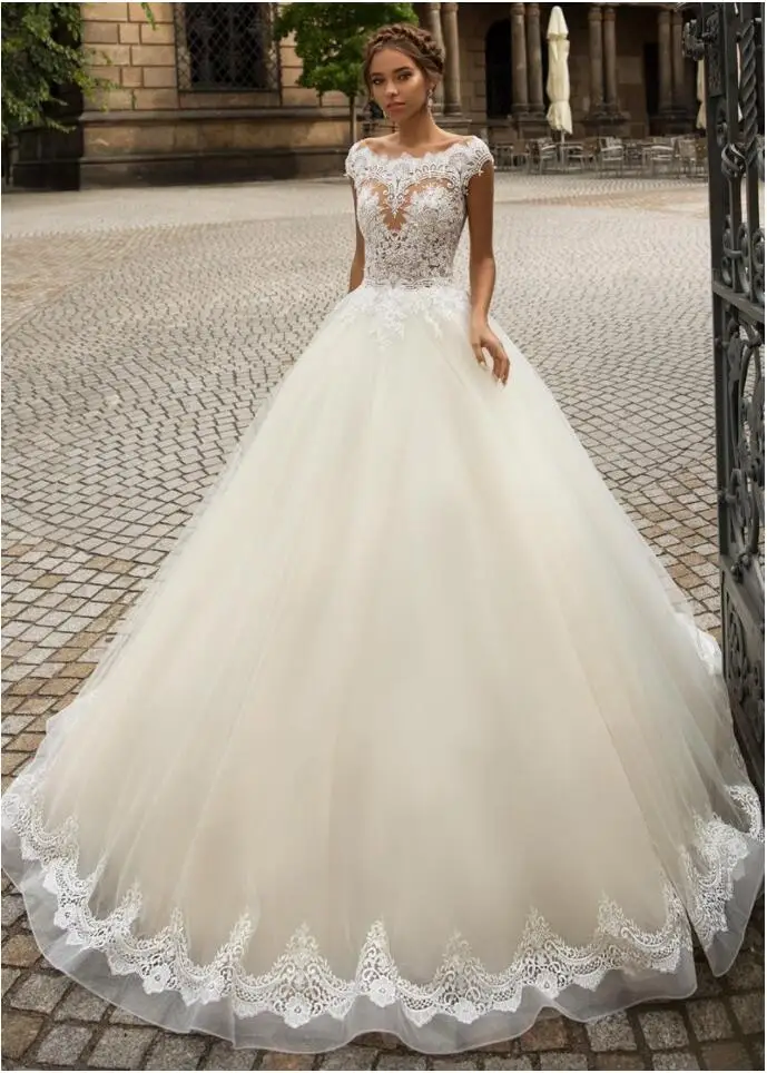 Гламурное свадебное платье трапециевидной формы Vestido de Noiva Robe de Mariee Trouwjurk из кружева, с вырезом на шее Аппликации Свадебные платья с глубоким вырезом на спине