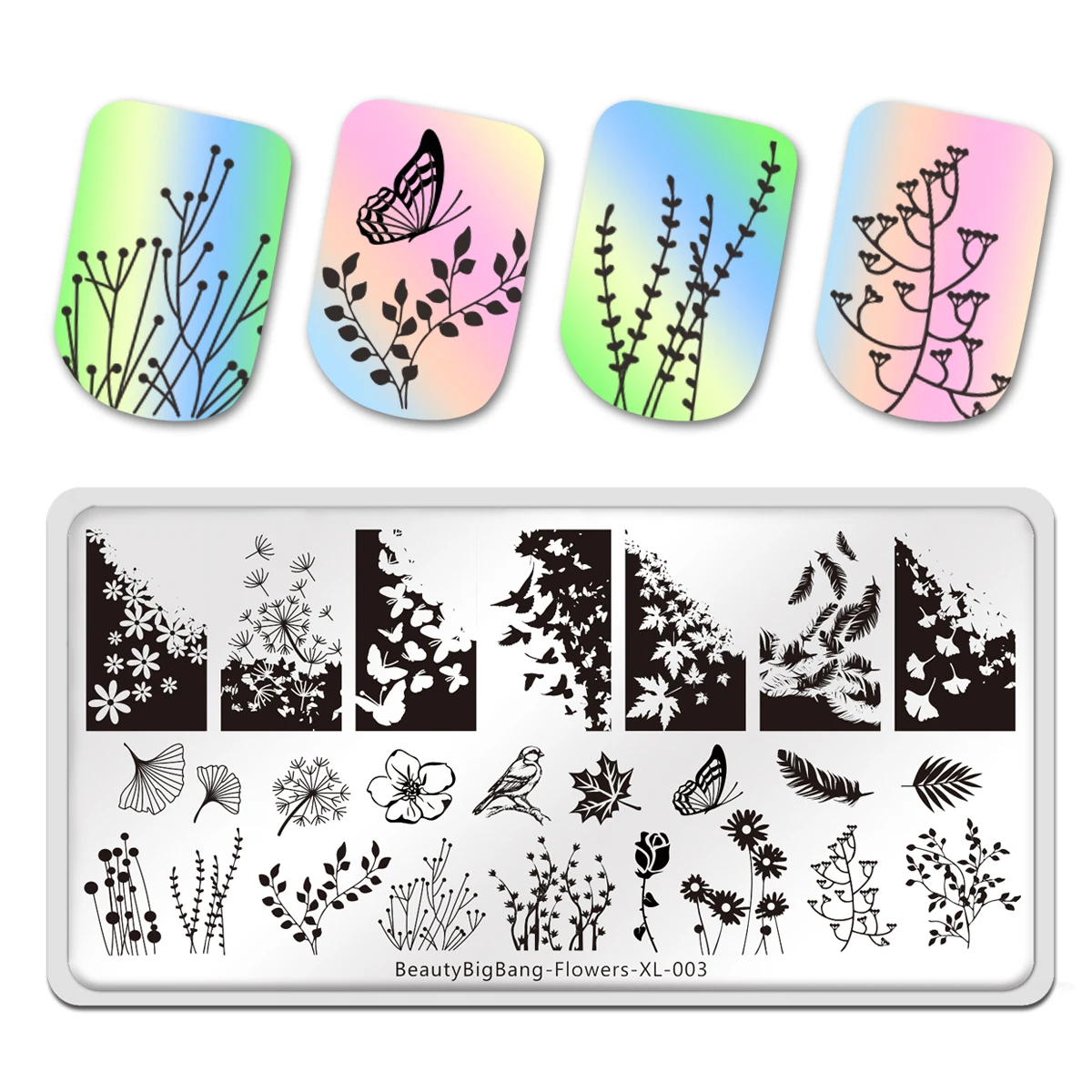 

BeautyBigBang Stamping Plates Leaves Tree Bird Dandelion Plants Image Stainless Steel Stencil Nail Art Template Flower XL-003