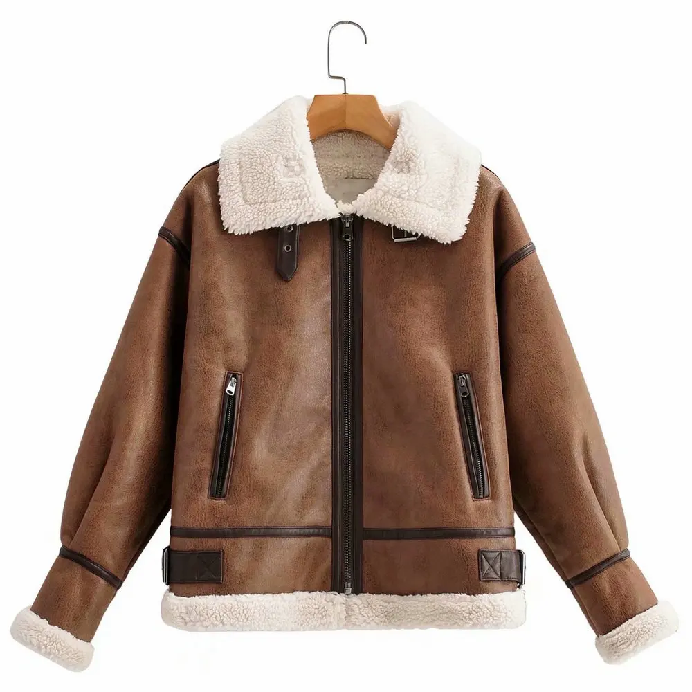 

Новинка 2021, лидер продаж, женские зимние свободные толстые куртки из искусственной кожи и овечьей шкуры, Женская мотоциклетная теплая уличн...