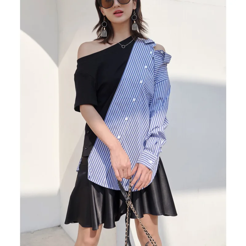 New 2020 Spring and Summer Women's Shirts Wild Fashion Cotton Striped Ladies Blouses and Tops Asymmetric Off-Shoulder U644