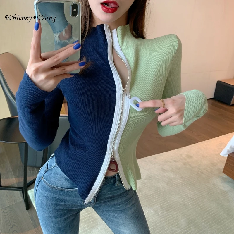 WHITNEY WANG Sweaters 2019 Fashion Streetwear Colors Contrast Patchwork Zipper Slim Sweater Women Pullover sueter mujer invierno |