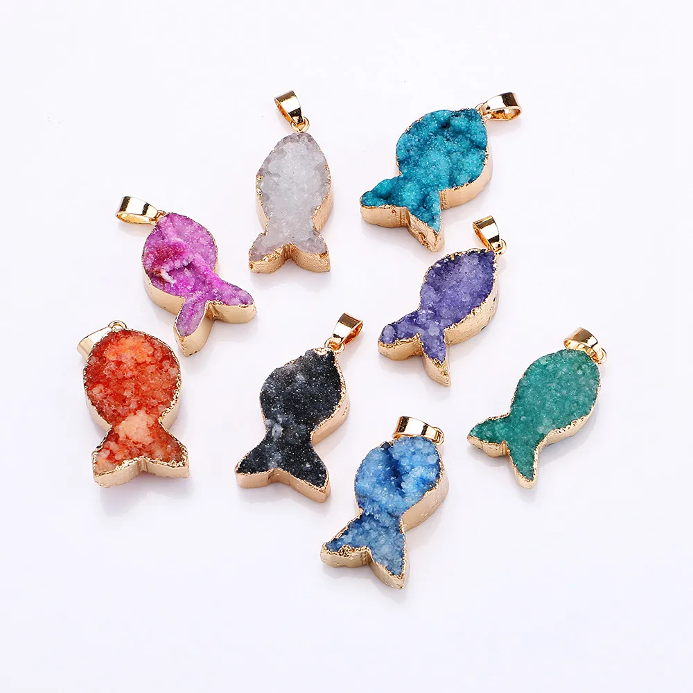 Natural Stone Crystal Bud Necklace Pendant Clustered Fish Alloy Bezel Small Used in Jewelry DIY Accessories | Украшения и