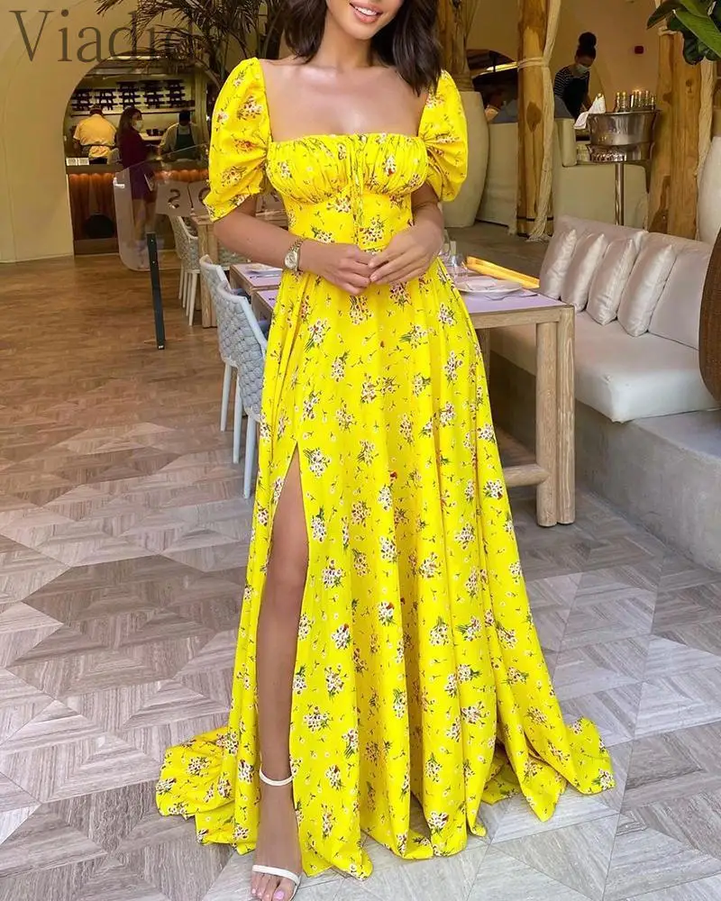 

Женское летнее богемное Платье макси с квадратным вырезом и Боковым Разрезом