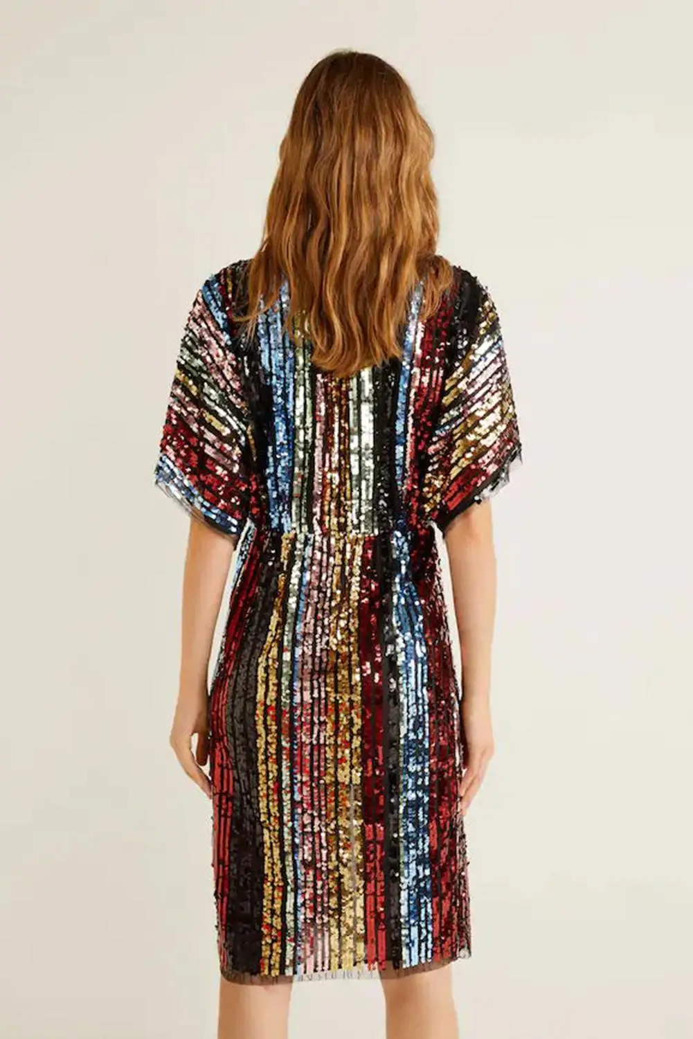 Разноцветное сексуальное платье туника с глубоким v образным вырезом и пайетками